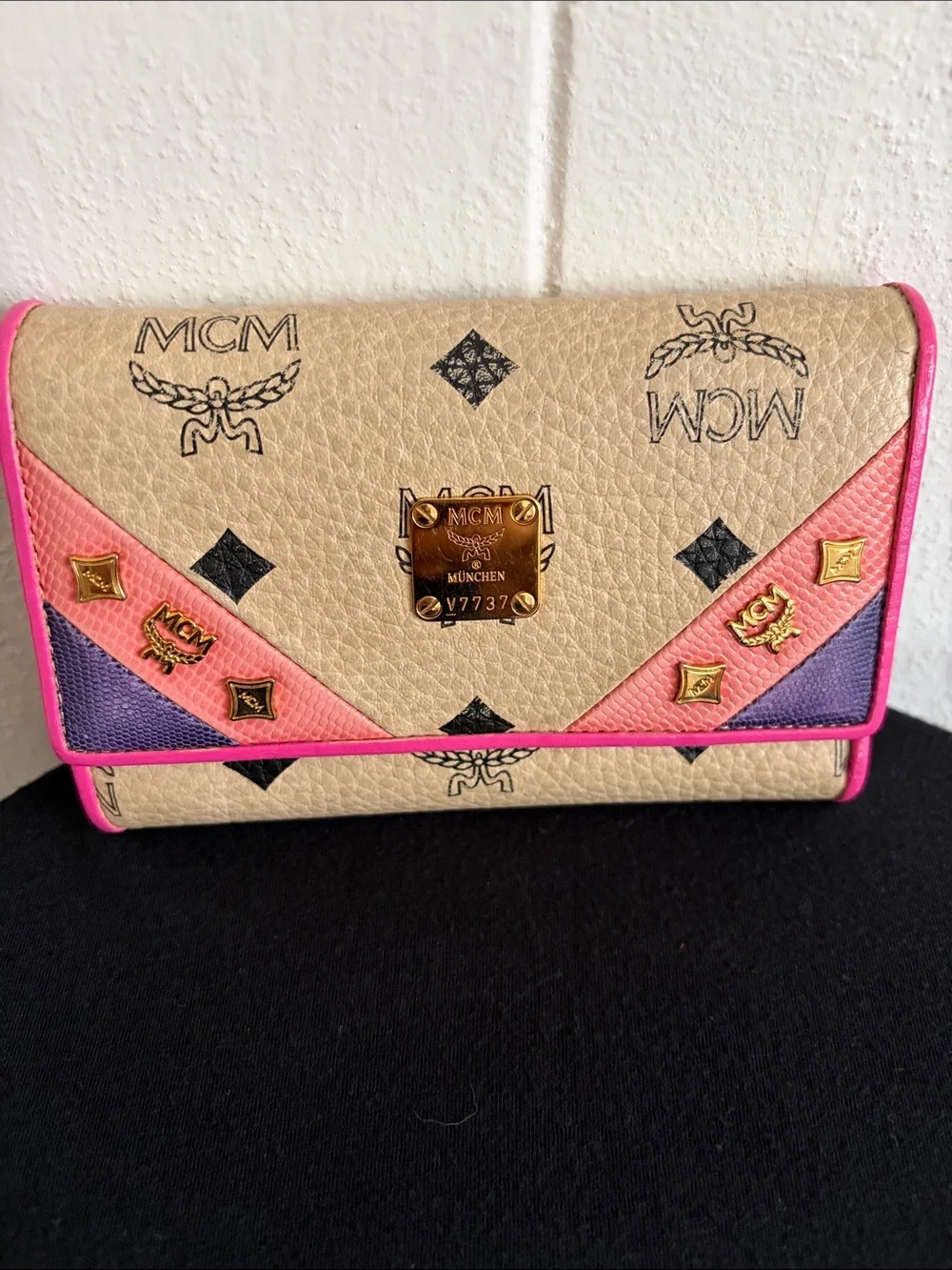 MCM Beige Visetos Continental Wallet with Pink and Purple Accents